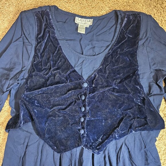 Vintage LG Star Dress Womens 18W Blue Velvet Vest Overlay Shoulder Pads 90s - Picture 8 of 12
